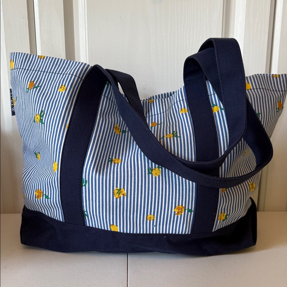 New - J. Crew Navy Striped Tote with Yellow Lemon Accents